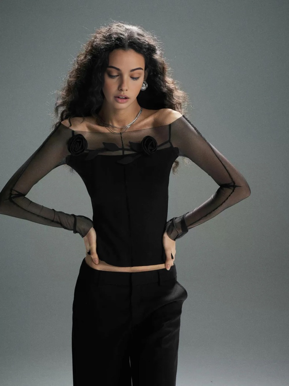 Commense Black Sheer Off-Shoulder Rose Appliqué Top